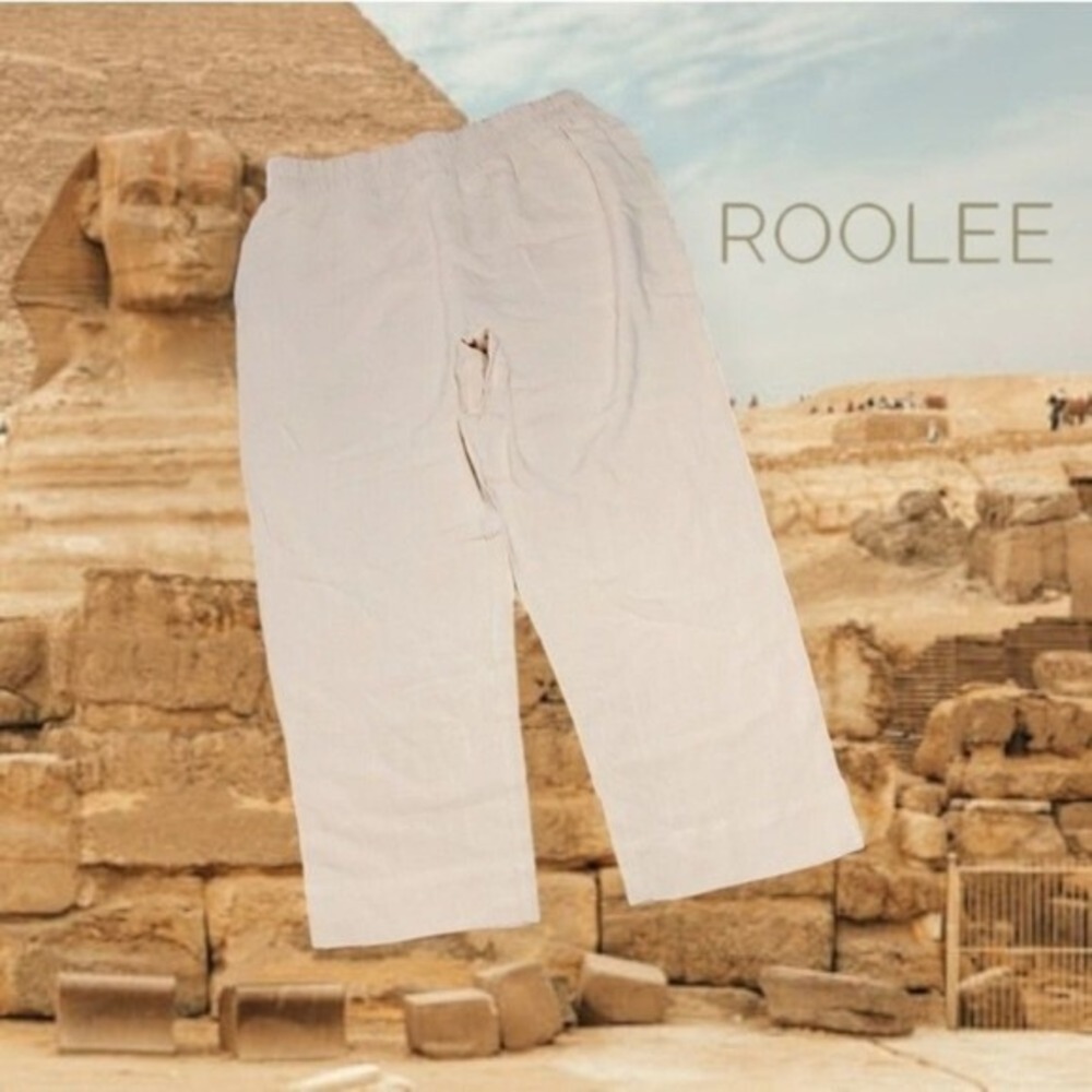 Roolee Linen Cotton Blend Pants Womens Elastic Waist Straight Leg Beige M
